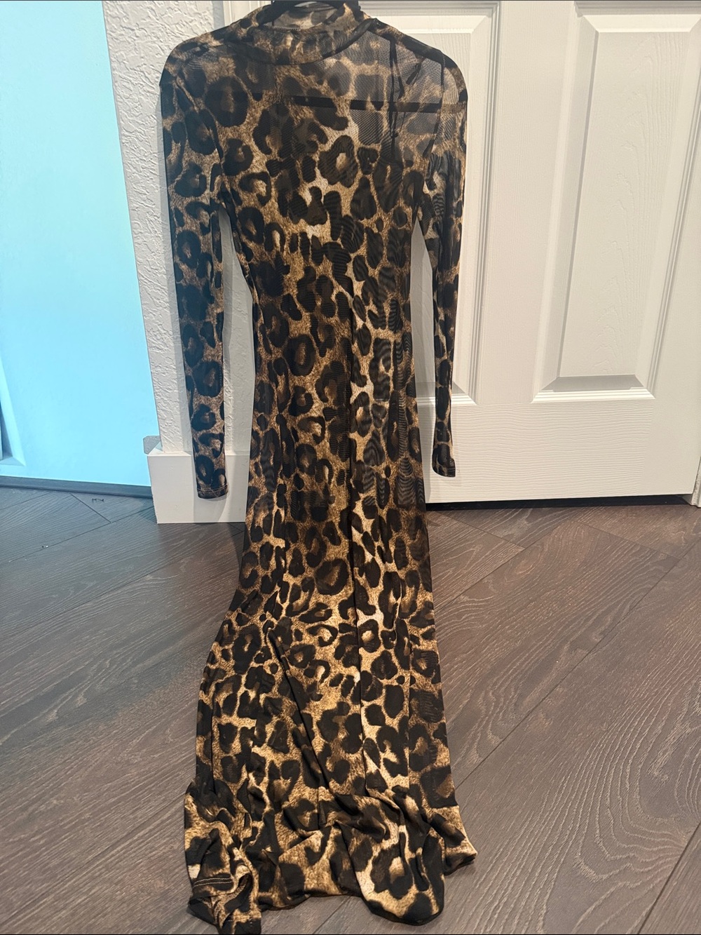 Forever 21 Leopard Mesh Long Sleeve Mock Neck Maxi Dress Size Small